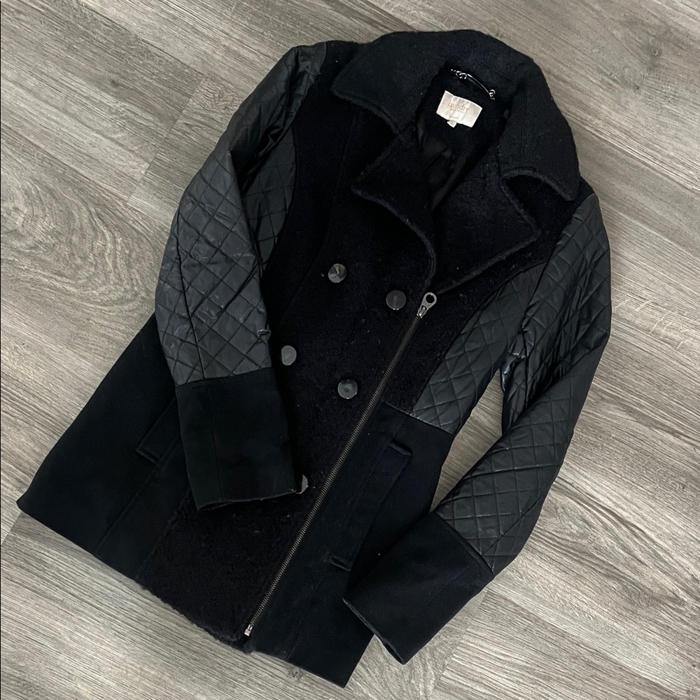 Laundry By Shelli Segal Black Pea Coat with Quilted Leather Sleeves